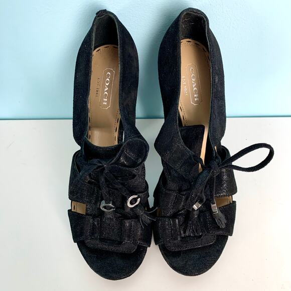 Coach Teagan Black Shimmer Lace Up Heels Size 7 - Picture 8 of 10